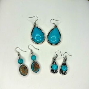 Set of 3 faux silver and turquoise earrings. (Blue hue)